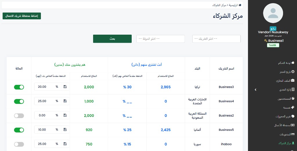 صفحة مركز الشركاء — جدول الشركاء مع أرصدة الدائن والمدين ونسب الدفعة مقدماً والحالة