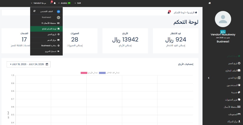 الوصول إلى لوحة تحكم البائع — اختيار لوحة التحكم للبائع من القائمة المنسدلة في الشريط العلوي